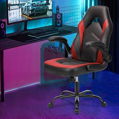 Sweetcrispy Computer Gaming Desk Chair - Ergonomic Office Executive Adjustable Swivel Task PU Leather Racing Chair with Flip-up Armrest for Adults, Kids, Men, Girls, Gamer, Black Red thumbnail 2