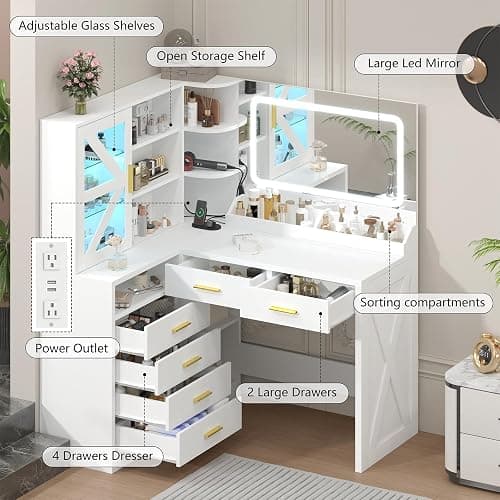 White L-Shaped Corner Vanity Desk with LED Lighted Mirror & Storage Shelves | Makeup Vanity with Charging Station & Sliding RGB Cabinet, Large Farmhouse Dressing Table with 6 Drawers for Women thumbnail 3
