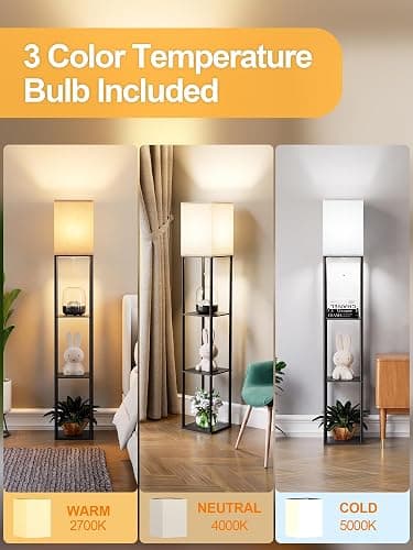 Floor Lamp with Shelves for Living Room, Shelf Floor Lamp with 3 CCT LED Bulb, Corner Display Standing Column Lamp Etagere Organizer Tower Nightstand with White Linen Shade for Bedroom, Office thumbnail 2