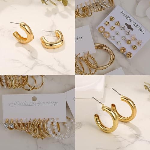 45 Pairs Gold hoop Earring Set for Women, Fashion Stud Pearl Earrings Multipack, Hypoallergenic Twisted Heart Earring Pack, Gold Hoops Earrings for Party Jewelry with Gift Bag thumbnail 8