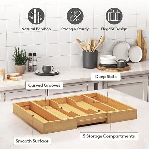 Lifewit Utensil Organizer for Kitchen Drawer, Expandable Cooking Utensil Tray, Bamboo Cutlery Silverware Flatware Holder, Adjustable Spatula Tools and Gadgets Storage Divider, Large, Natural thumbnail 6