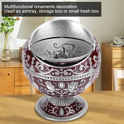 Windproof Ashtray, Vintage Ashtray with Lid, Metal Ball Cigarette Tabletop Ashtray with Wine Red Globe Fly Dragon Shape for Outdoor Indoor Home Decoration Crafts thumbnail 5