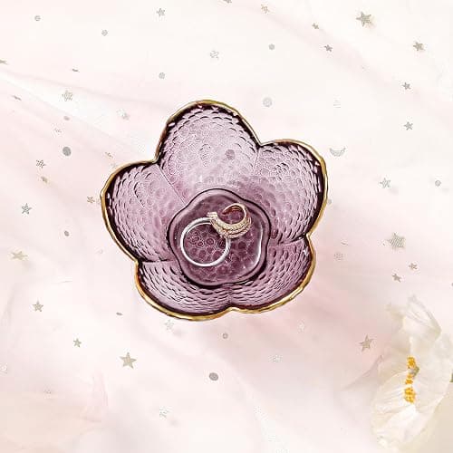 Purple Flower Jewelry Dish Glass Ring Holder Dish Jewelry Tray Cute Vanity Organizer Aesthetic Nightstand Bathroom Room Decor Trinket Dish Mothers Day Friendship Christmas Birthday Gifts for Women thumbnail 9