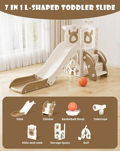 XJD 7 in 1 Toddler Slide, Kids Indoor Slide for Toddlers 12-36 Months, New Upgrade with Golf, Basketball Hoop for Indoor Outdoor Playset,Toddler Playground (White Brown) thumbnail 3
