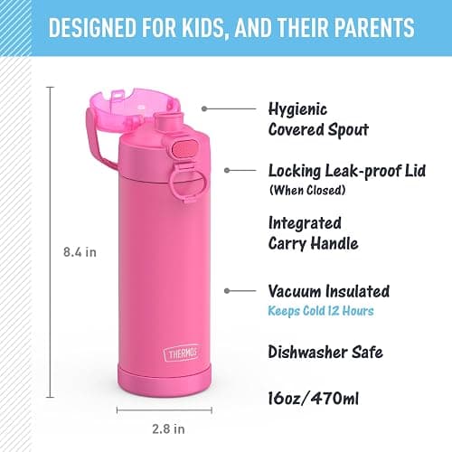 THERMOS FUNTAINER 16 Ounce Stainless Steel Vacuum Insulated Bottle with Wide Spout Lid, Neon Pink thumbnail 2