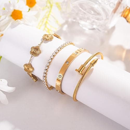 18K Gold Plated Nail love Bangle Bracelet Set for Women Stackable Gold Clover Adjustable tennis bracelet Trendy Gift Jewelry for Mother's Day Anniversary thumbnail 7