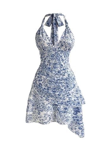 BEAUDRM Women's Y2K Floral Halter Dress Boho Mini Dress Backless Going Out Date Night Summer Vacation Sundress - Image 1
