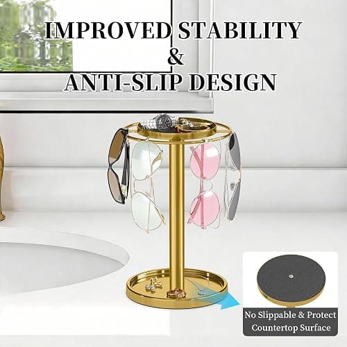 LSK 360° Rotating Sunglass Organizer, Glasses Stand with Storage Tray, Gold Stainless Steel Glasses Holder with Non-Slip Pad for Dresser, Nightstand & Home Decor, Storing Up to 9-16 Pairs Glasses thumbnail 6
