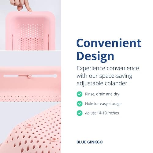 BLUE GINKGO Over The Sink Colander Strainer Basket - Wash Vegetables and Fruits, Drain Cooked Pasta and Dry Dishes - Extendable - New Home Kitchen Essentials (20 W x 36.8-49.5 L x 6.9 H cm) - Pink thumbnail 6