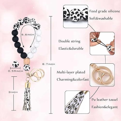 BAOSIWA Silicone Key Ring Bracelet Wristlet Keychain Unique Beaded Bangle Key Chains for Women with Leather Tassel thumbnail 2