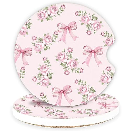 Ceramic Car Coasters – Absorbent Car Cup Holder Coaster Set for Women, Cute Aesthetic Car Accessories for Girls, 2 Pack (Blush) - Image 1