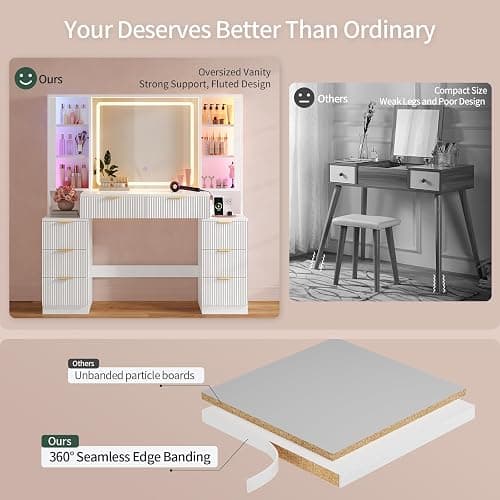 HAUOMS Big Vanity, Fluted Wood Makeup Vanity Desk with Mirror and Sound Sync LED Lights, Large Vanity Dressing Table, 8 Drawers, Charging Station for Girls, Women (White, 51.2" Width) thumbnail 8