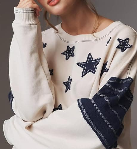 NEVUQO Women Teen Girls Cute Oversized Crewneck Sweatshirt Y2k Star Seashell Graphic Long Sleeve Sweatshirt Preppy Clothes thumbnail 3