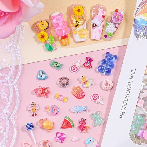 250pcs Kawaii 3D Candy Nail Charms Kit,Y2K Cartoon Gummy Bear Bees Fruit Pineapple Sweet Candy Lollipop Donut Ice Cream Cute Heart Star Bows Mixed Colors Jewelry Nail Embellishments for Nail Art Craft thumbnail 3