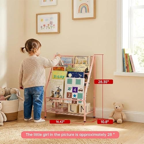 JAQ Toddler Bookshelf for Girls, 4-Tier Metal Kids Child Bookcase Rack with Toy Storage Organizer in Playrooms Nursery Clasroom Corner Library for Infants Baby Young Children (24.92 inch, Pink) thumbnail 3