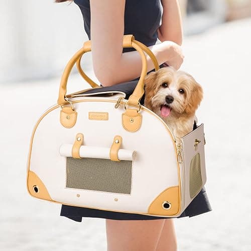 Johomviin Dog Carrier, Cat Carrier, Pet Carrier, Foldable Premium PU Leather Dog Purse, Portable Tote Bag Carrier for Small to Medium Cats and Small Dogs（Creamy White -Medium） - Image 1
