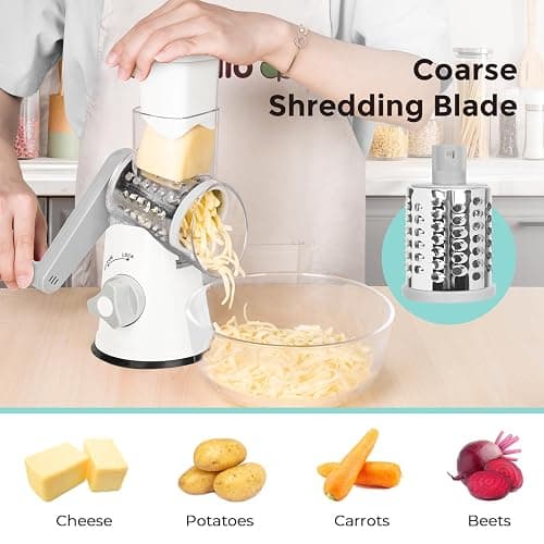 X Home Rotary Cheese Grater for Kitchen, Shredder with 3 Interchangeable Blades, Rotary Grater with Handle and Strong Suction Base, for Vegetables, Fruit, Nuts, Easy to Use and Clean, White thumbnail 4