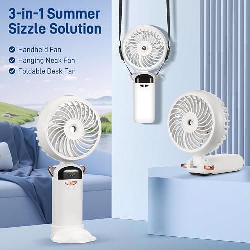 Kssvzz Portable Handheld Fan with Water Mist Spray, Rechargeable Battery Operated Fan with Base, Digital Display, 5 Speeds, 90° Ajustable, Electric Mini Fan for Travel Camping Outdoor (White) thumbnail 3
