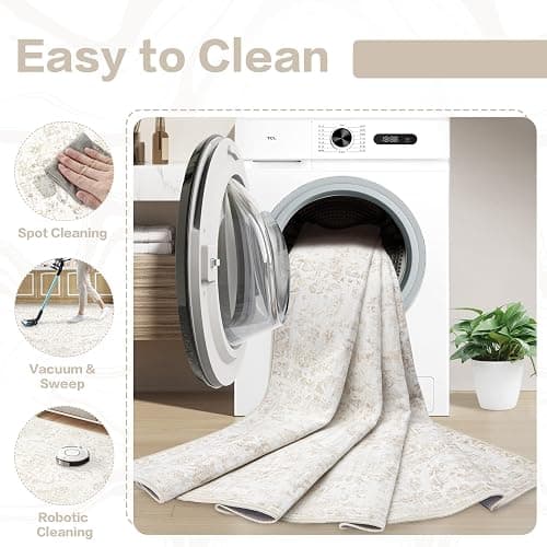 5x7 Area Rugs for Living Room: Washable Rug Vintage Large Rugs Soft Non Slip Low Pile Rug Floral Distressed Floor Carpet for Bedroom Kitchen Nursery Dining Room Home Office (Beige, 5'x7') thumbnail 5