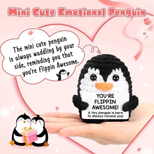 Positive Crochet Penguin, Funny Inspirational Christmas Birthday Gifts for Women Men Teen Grandkids Friend Coworker Appreciation, White Elephant Small Xmas Stocking Stuffers Emotional Cute Decor thumbnail 2