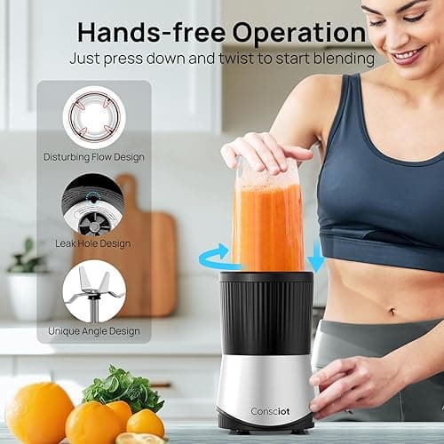 Consciot CB08 11-Piece Blender for Kitchen and Personal Size, Blend Shakes and Smoothies, Frozen Drinks, Baby Food, Spreads & More, 3 Portable To-Go Cups & 2 Spout Lids & 1 Solid Lid, 900 Peak Watts thumbnail 4