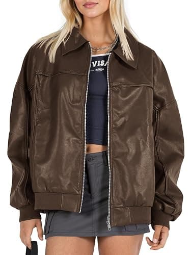 Tankaneo Womens Faux Leather Jackets Oversized Bomber Casual Fall Fashion Zip Up Moto Biker Coats - Image 1