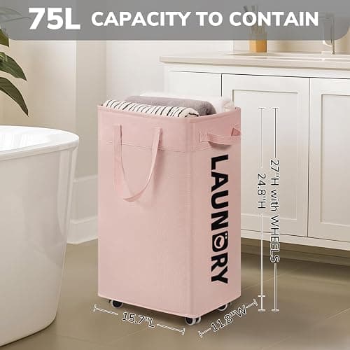 CHICVITA Slim Laundry Hamper with Wheels 75L, Collapsible Rolling Laundry Basket for Living Room, Pink Laundry Hamper for College Dorm thumbnail 3