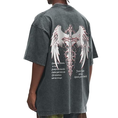 Lytiarul Vintage Goth Punk Shirts for Men Grunge Streetwear Oversized Tshirts Gothic Cross Y2k Graphic Tees Acid Wash T Shirt thumbnail 4