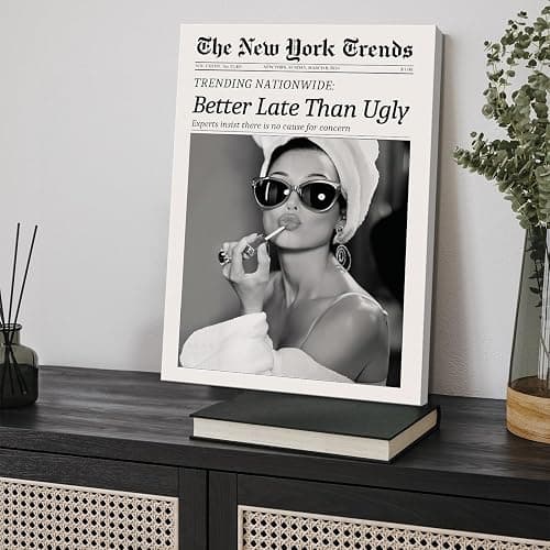 Dazzlewall Framed New York Trends Wall Art, Black and White Newspaper Better Late Than Ugly Funky Feminist Poster for Living Room Bedroom 12x16 in thumbnail 2
