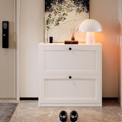 VOWNER Shoe Cabinet with 2 Flip Drawers, Freestanding Shoe Storage Cabinet with Adjustable Shelf & Anti-Tipping Device, Shoe Rack for Entryway, Hallway, Living Room (White) thumbnail 6