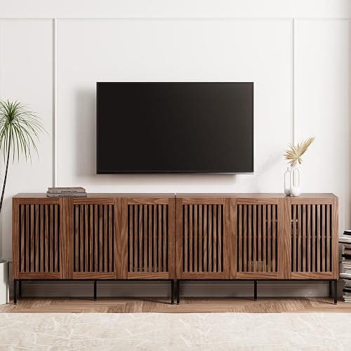 BVIUNTWO Farmhouse TV Stand for TVs up to 100 inch, 2 in 1 Entertainment Center TV Console with Storage Cabinets and Metal Base,Brown Media Console for Living Room thumbnail 3