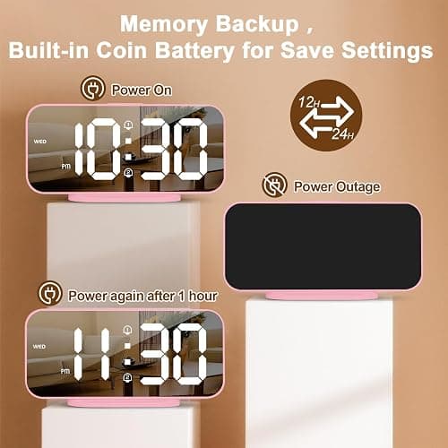 ALANAS Pink Mirror Digital Alarm Clock for Girls & Teens, Dual Alarms, Snooze, Adjustable Brightness, 2 USB Ports, Weekday Display, Cute Bedside Clock for Kids, Bedroom, Desk, Dorm, Gift Idea thumbnail 7