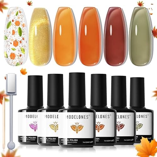 Modelones Gel Nail Polish, 6 Colors Fall Wine Brown Orange Green Jelly Gel Polish Yellow Gold Glitter Cat Eye Nail Polish with Magnet and Wooden Stick Soak Off LED Manicure Kit DIY Gift - Image 1
