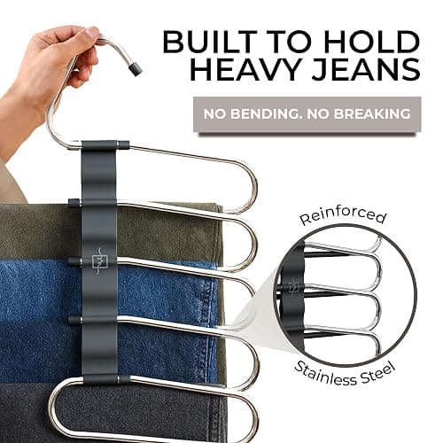 MORALVE Pants Hangers Space Saving - 2 Pack - Non-Slip Multi-Layer Space Saving Hangers - Multifunctional Clothing Rack for Closet Storage - Ideal for Jeans, Trousers, Skirts, Scarves & Slacks (Black) thumbnail 4