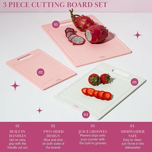 Paris Hilton Cutting Boards, Dual-Sided Cutting Board Set with Built-in Juice Grooves, Easy-Grip Handles, Heavy-Duty Plastic Made without BPA, Dishwasher Safe, 3-Piece Set, Pink and Cream thumbnail 4