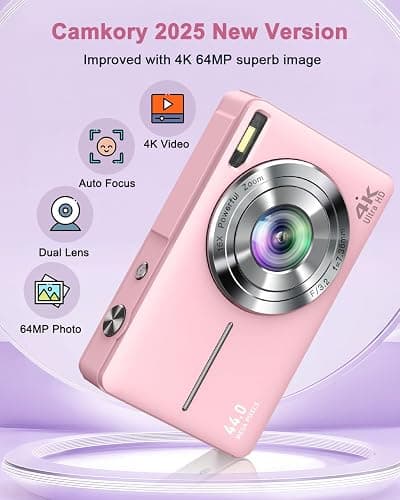 Digital Camera, 4K 64MP Cameras for Photography, Small Compact Point and Shoot Digital Camera with Auto Focus, Dual Camera, Flash, 16X Zoom, 32GB Card, Vlogging Camera for Teens,Boys, Girls thumbnail 2