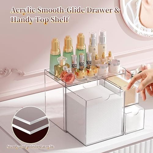 Youdepot Clear Acrylic Face Towel Holder with 3 Drawers, All-in-One Bathroom Vanity Organizer for Disposable Face Towels, Cotton Pads, Swabs and Skincare Tools thumbnail 5