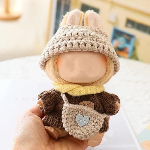 Clothes for Labubu(NO Doll) , Handcrafted Crochet Set for Labubu Clothes 15cm/17cm Doll, Premium Doll Outfit with Accessories, Stylish Doll Clothes for Labubu Accessories(Knitted) (Kakhi) - Kakhi thumbnail 4