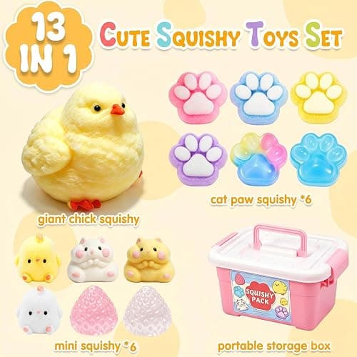 13 Pack Taba Squishy Fun Box Toys Set kit, Cheap Squishies Stress Relief Toys Party Favors for Kids 4-8 8-12, Chick Hamster Paw Strawberry Squishy Squeezee Fidget Toys for Kids thumbnail 2