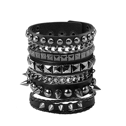 Eigso Leather Punk Rock Cuff Bracelets for Men Women Retro Vintage Chain 80s Wristband Set for Man Woman - 3Pcs-C
