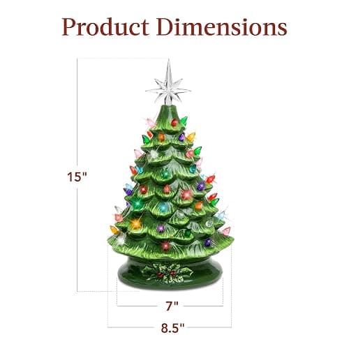 Best Choice Products 15in Ceramic Christmas Tree, Pre-lit Hand-Painted Tabletop Holiday Tree, Star Topper, 64 Lights - Green w/Multicolored Bulbs thumbnail 2