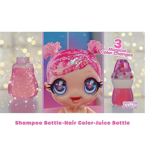 I Love U Glitter Babyz Dreamia Stardust Baby Doll with 3 Magical Colour changes, Pink Hair & a Rainbow Outfit. Includes Reusable Diaper, Bottle, & Pacifier. Collectable Toy For Kids Ages 3 Years Plus thumbnail 3