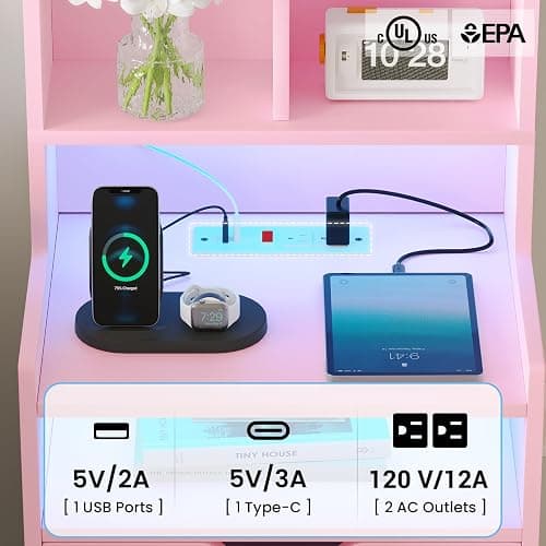 ADORNEVE Tall Nightstand Set of 2 with LED Lights,Pink | Tall Night Stand with Charging Station and Bookshelf,Bedside Table with Drawers,Side Tables Bedroom thumbnail 3