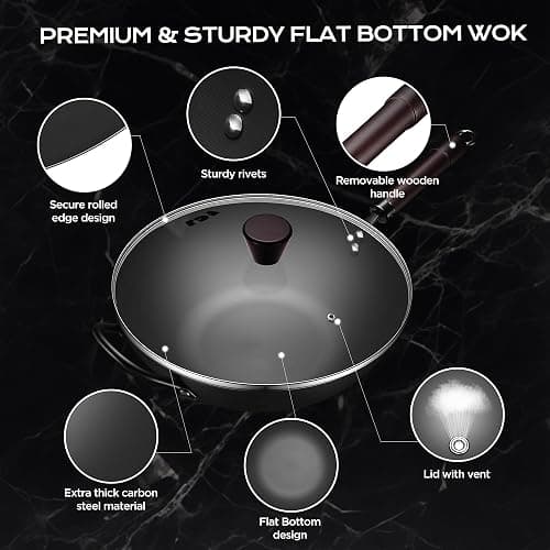 Wok, 13 Inch carbon steel woks & stir-fry pans nonstick, Pre-Seasoned 5.8QT Flat Bottom Chinese Wok Paella Pan with lid, Carbon Steel Cookware, Compatible with All Cooktops thumbnail 6