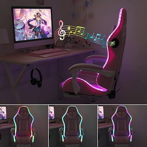 HOFFREE Pink Gaming Chair with Speakers and Led Lights Massage Video Game Chair with Footrest Reclining Computer Gaming Chair for Girls - Pink thumbnail 3