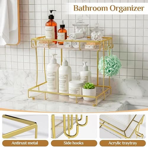 Megier Bathroom Organizer Countertop Perfume Organizer Makeup Organizer Cosmetics Storage Display Rack Vanity Tray Dresser Steel Gold Shelf Transparency Wavy Acrylic Tray (2 Tier Golden) thumbnail 6