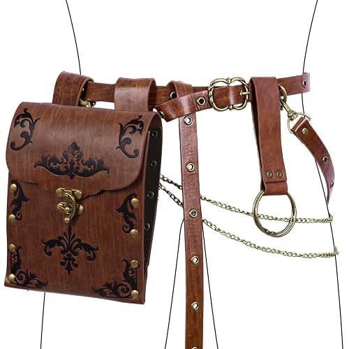 Minhuida Medieval Belt with Renaissance Bag & Detachable Chains, Vintage Faux Leather Waist Pouch Dresses Belt - Image 1