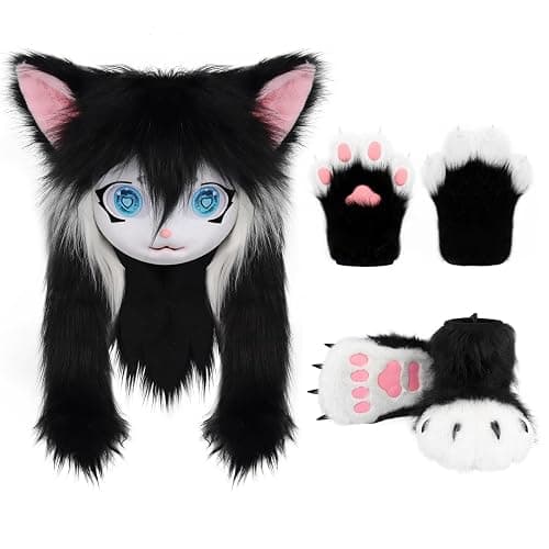COSYEARS Cat Paw Mittens Gloves Furry Shoes Fursuit Animal Head Mask Halloween Masquerade Costume Accessories Set - Image 1