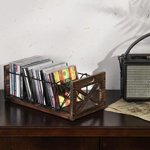 FARM IN CD Storage Holder, 5-Slot Farmhouse Industrial CD & DVD Storage Rack with Handles, Barn Door “X-Cross” Design, Rustic Solid Burnt Wood and Black Metal Wire thumbnail 4