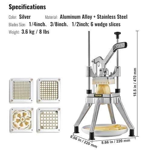 VEVOR Commercial French Fry Cutter, 4 Blades Lever Vegetable Chopper | 1/2”, 3/8”, 1/4”, 6-Wedge Slicer, 420J Stainless Steel Blades, Potato Dicer & Fruit Lever Cutter, for Dining and Home Kitchen thumbnail 3